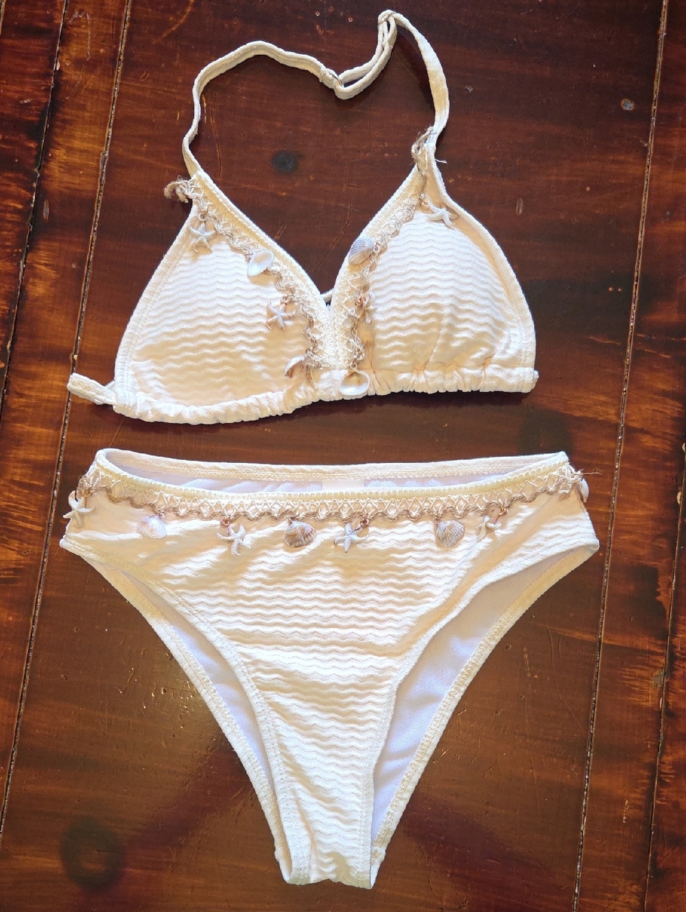 White Textured Bikini Set with Shell Accents